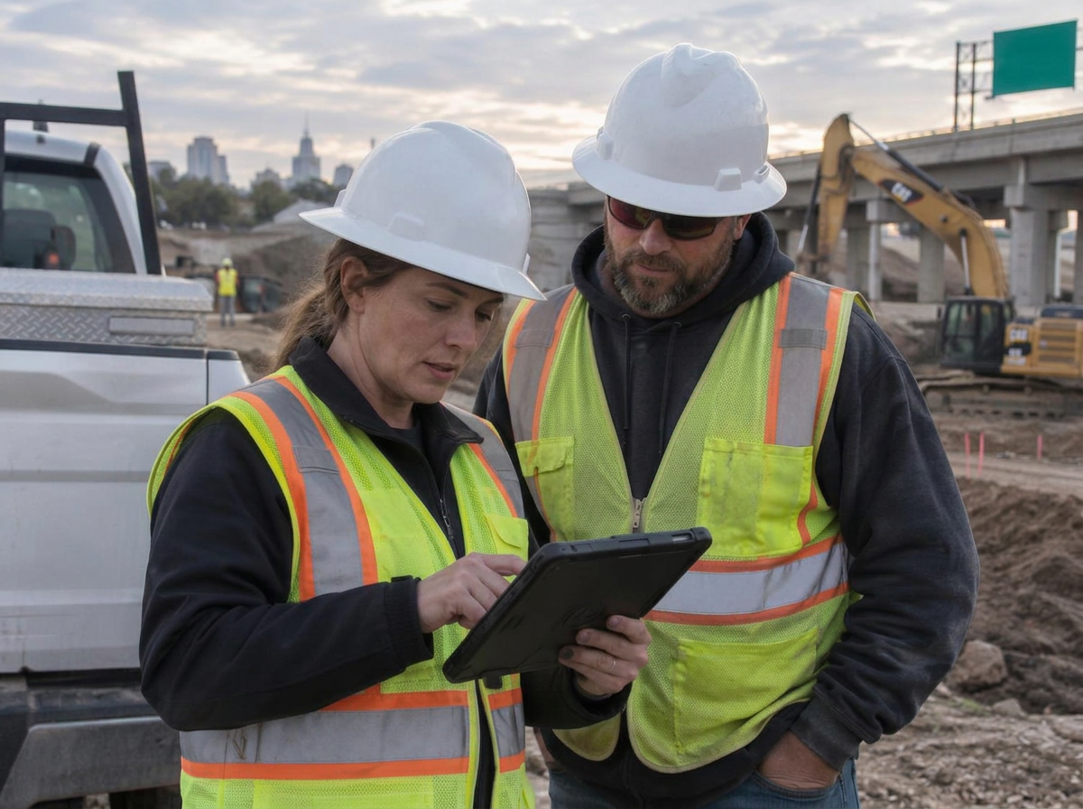 A project manager and superintendent reviewing a tablet on a highway construction site
